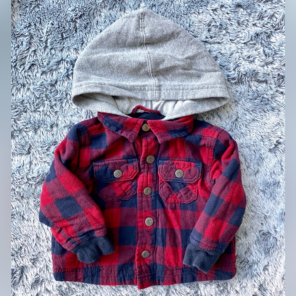 Toughskins Baby Boy Hooded Snap Buttons Plaid Fleece Jacket - Size 12 Months